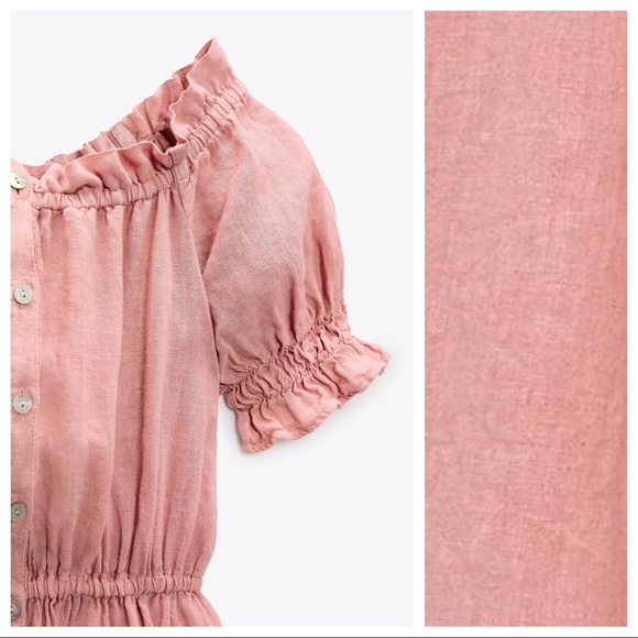 NWT. Zara Pink Linen Ruffled Cold Shoulders Midi Dress. Size S. - Picture 8 of 11